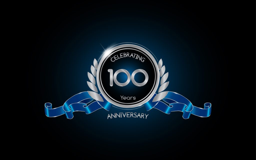 100th Anniversary with siver leaves and blue ribbons